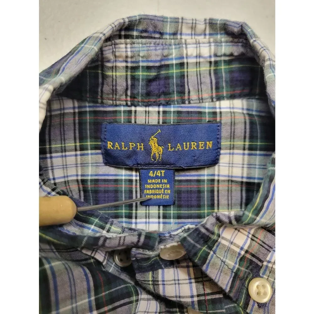 Ralph Lauren Blue Plaid Button-Down Shirt Long Sleeves Boys Toddler Size 4T